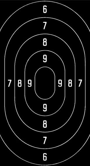 Ordonnanz-Schnellfeuer-Pistolenscheibe (rechteckig, schwarz, 76 x 45 cm, mit Wertungszonen 6 bis 10).