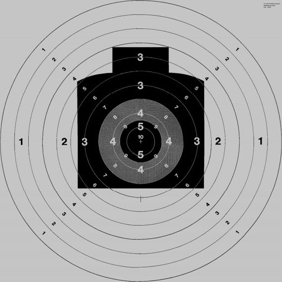 Pistolen-Kombinationsscheibe B (ein Meter in zehn Kreise resp. fünf Zonen eingeteilt). Beim Obligatorischen wird auf die vier Zonen geachtet.