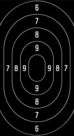 Ordonnanz-Schnellfeuer-Pistolenscheibe (rechteckig, schwarz, 76 x 45 cm, mit Wertungszonen 6 bis 10).