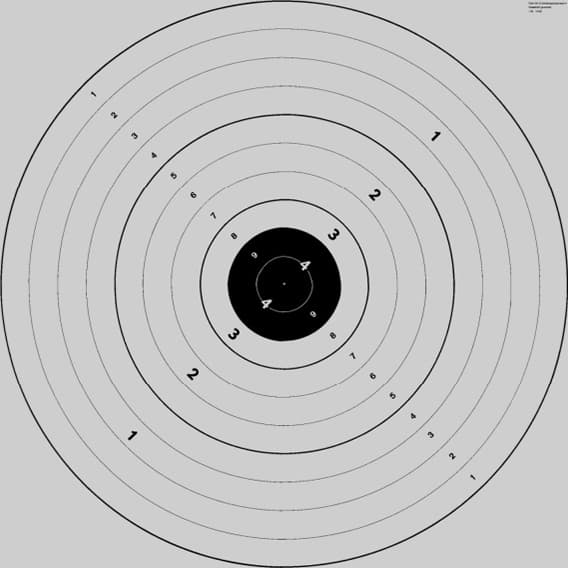 50m Scheibe P4
Pistolen-Kombinationsscheibe P (ein Meter in zehn und vier Kreise eingeteilt). Beim Obligatorischen wird auf die vier grossen Kreise geachtet.